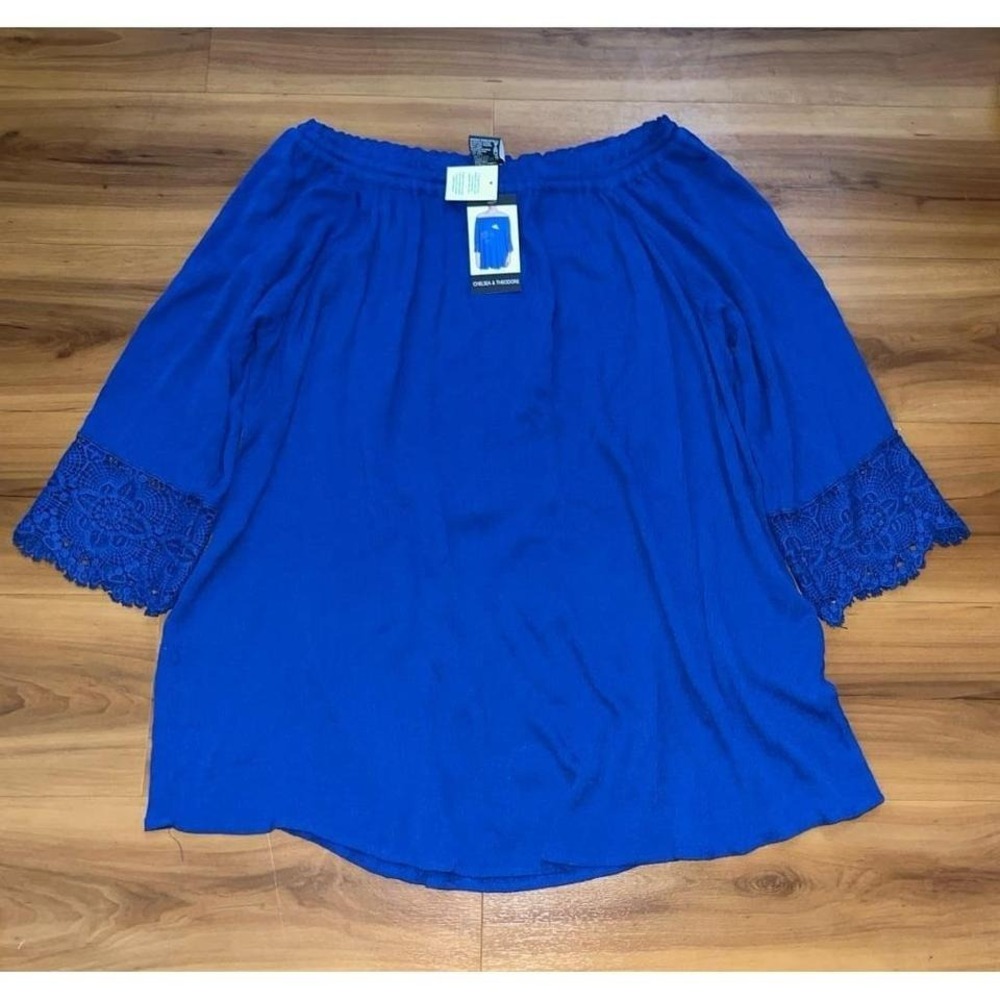 Womens NWT‎ Chelsea & Theodore Off The Shoulder Gauze Lace Trim Top
